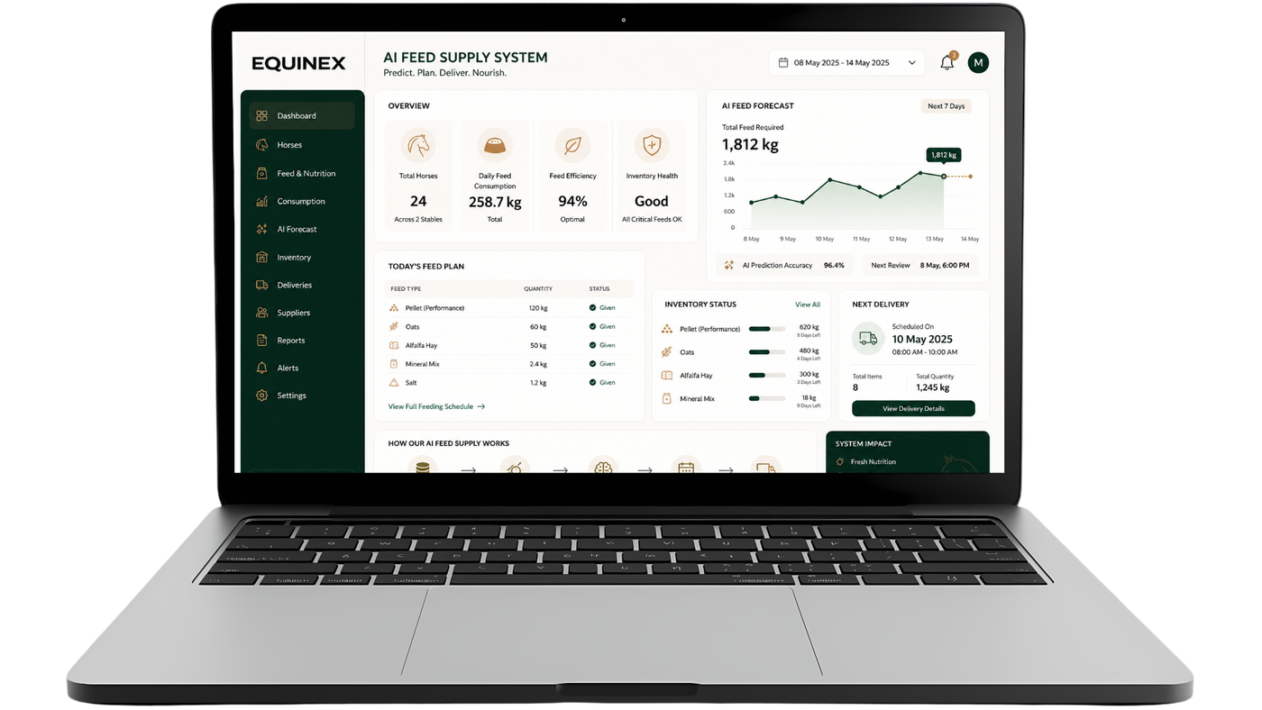 AI Feed Supply System dashboard showing inventory, forecast, and delivery scheduling